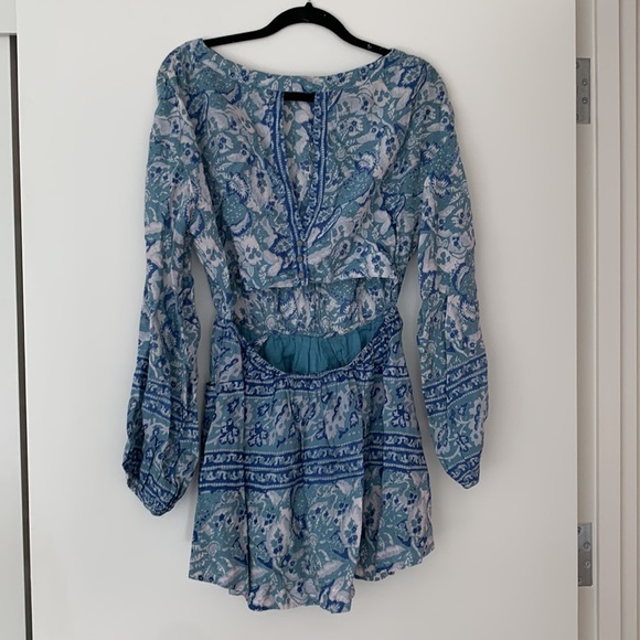 Free People Washed Blue Silver Sun Floral Blouson Open Back Mini Dress Size XS - Picture 11 of 16